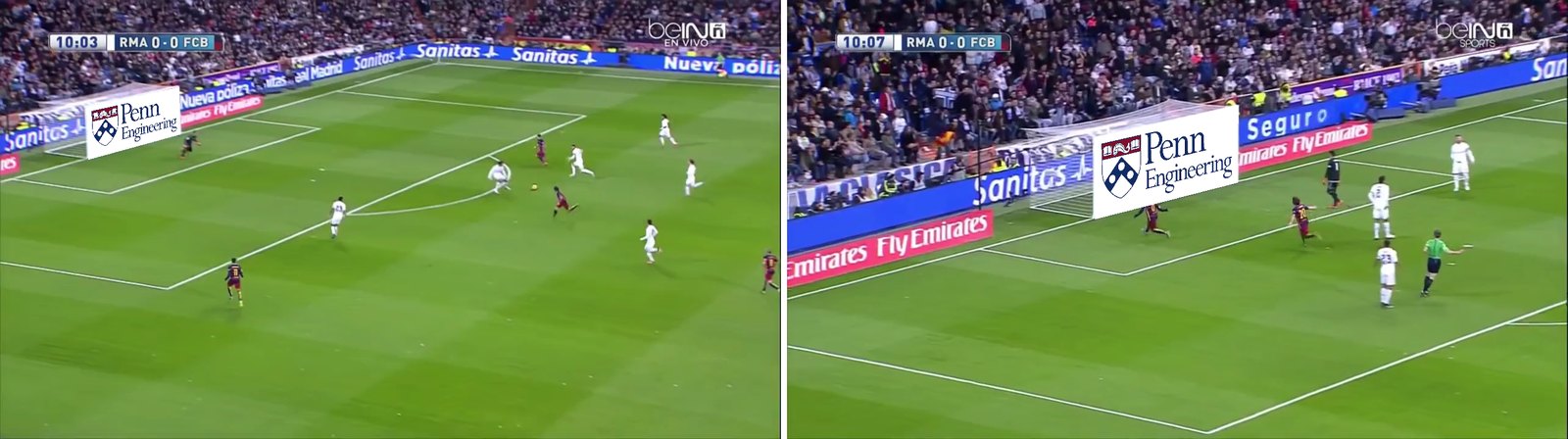 The first and last frames of the sequence. The goal has moved substantially in image space between them, and the composite stays locked because H is re-estimated per frame rather than propagated forward.