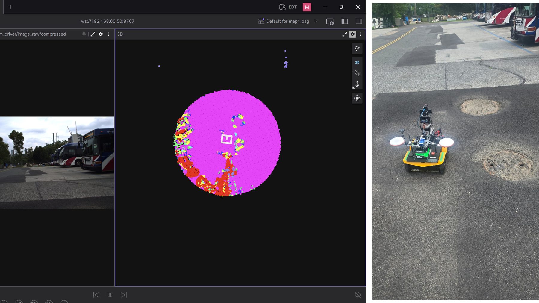 An open depot lot with sunken manhole covers. Features like these are exactly what the elevation map smooths away, which is why a separate point-cloud layer feeds the traversability grid.
