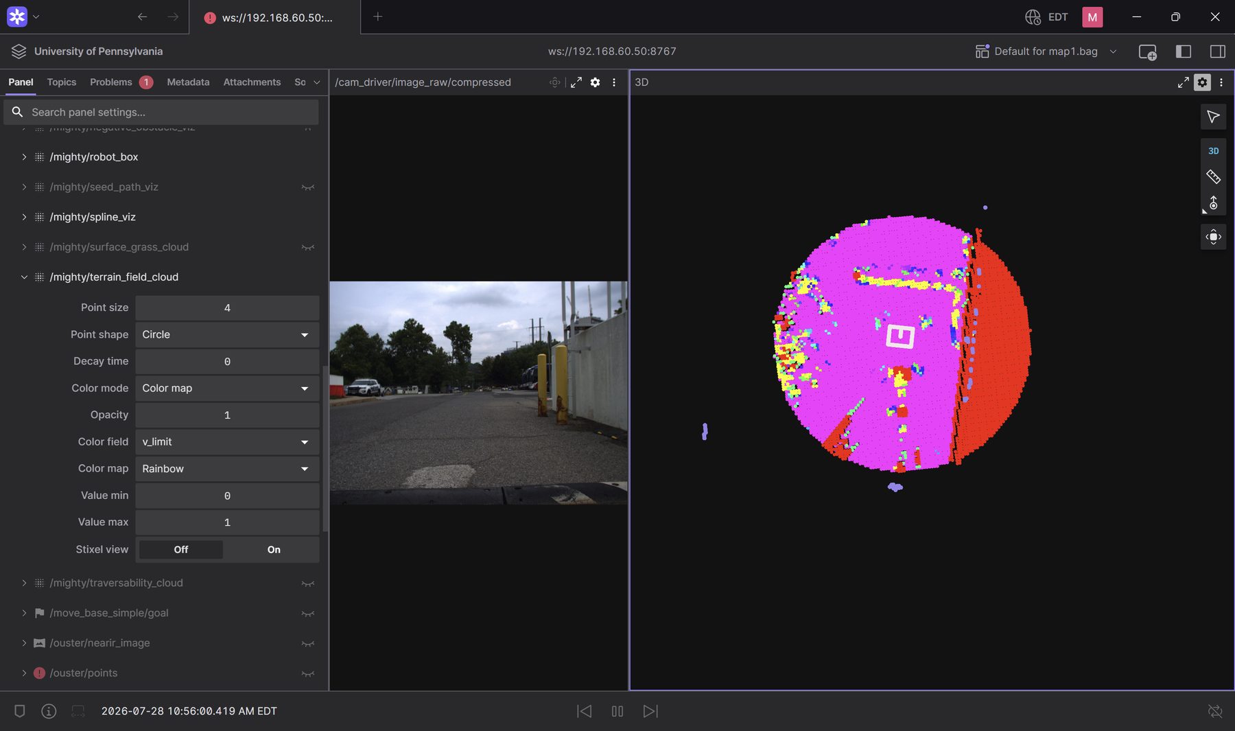 The terrain field cloud coloured by per-cell speed limit. Magenta is full speed on road; red is the surface the wheel-geometry model caps the robot down to. Alongside it in Foxglove: the traversability cloud, spline and seed-path viz, and the negative-obstacle layer.
